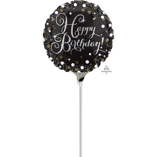 9" Black Sparkling Birthday Stick Balloon